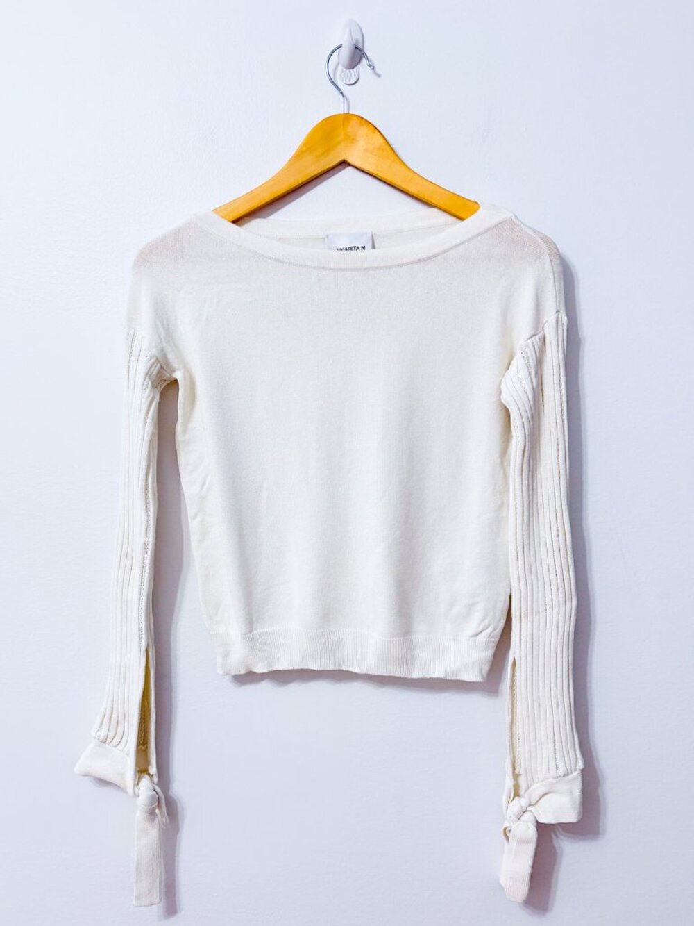 ANNARITA N White Knit Sweater Boat Neck Ribbed Sleeves Tie Cuffs Small